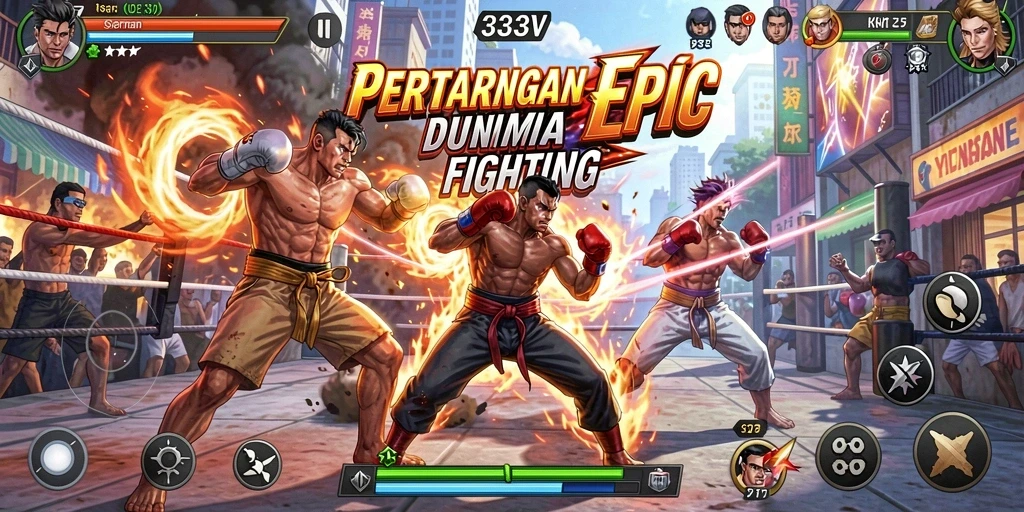 Tangkapan layar gameplay 333V menunjukkan pertarungan seru dan karakter yang menakjubkan.