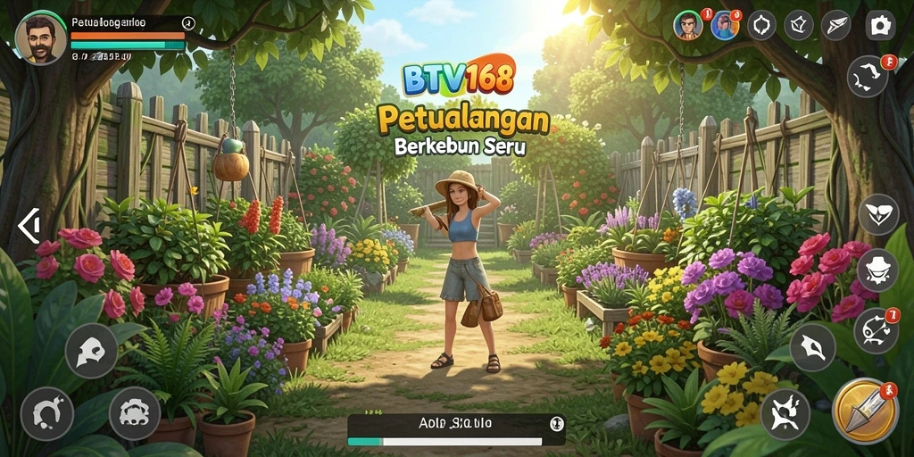 Screenshot gameplay BTV168 dengan berbagai tanaman dan alat pertanian.