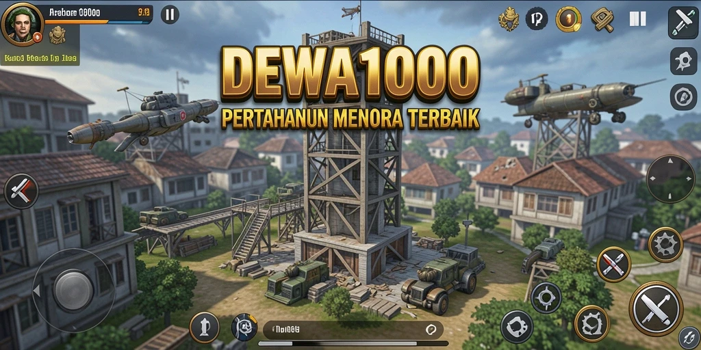 Tampilan visual mendebarkan dari permainan Tower Defense DEWA1000.