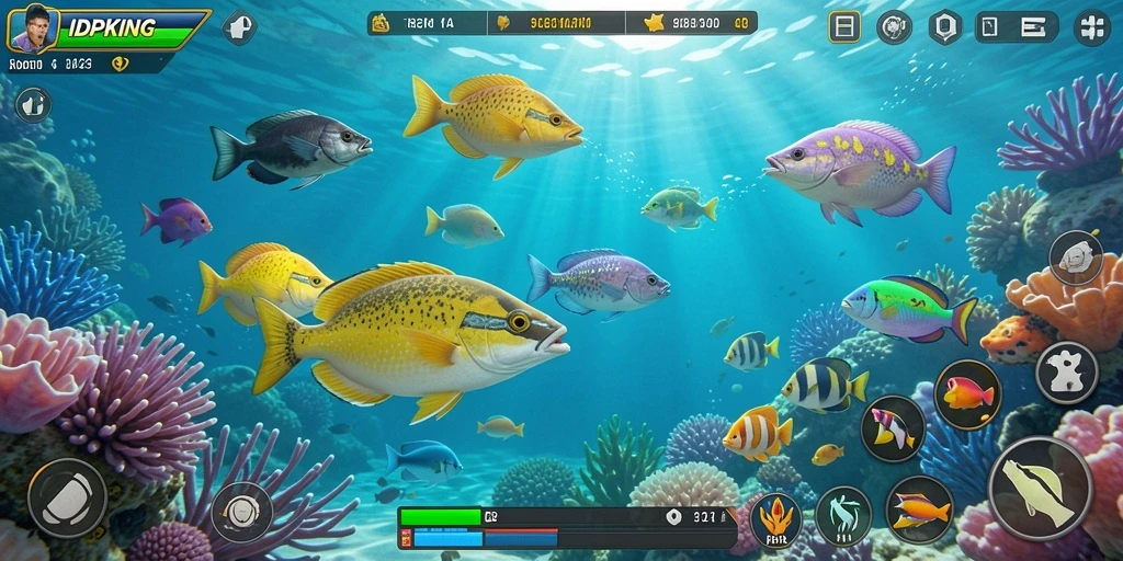 Tampilan gameplay seru IDPKING dengan berbagai ikan untuk ditangkap.