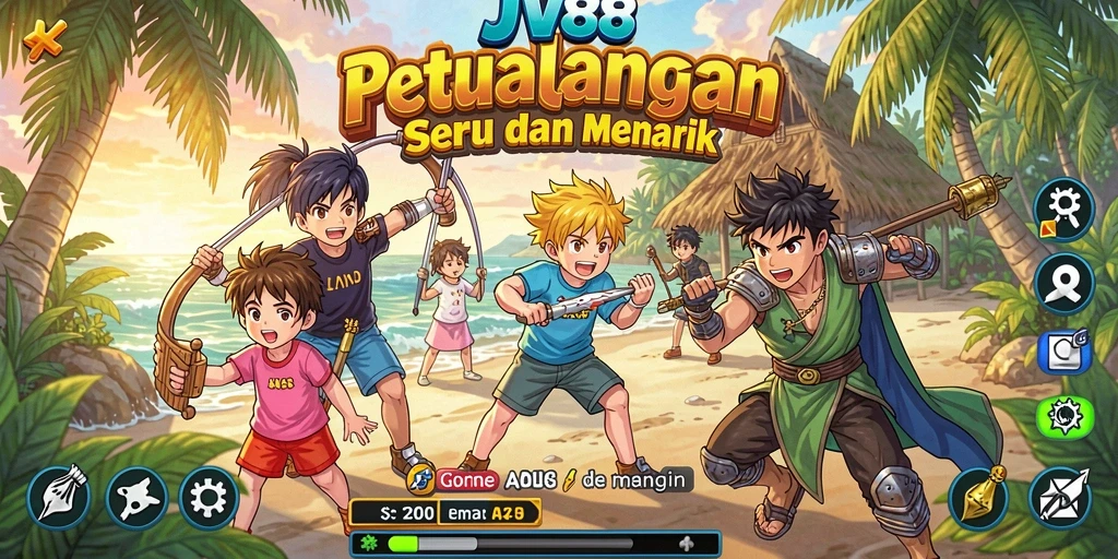 Screenshot gameplay JV88 menampilkan aksi karakter anime yang seru dan berwarna.