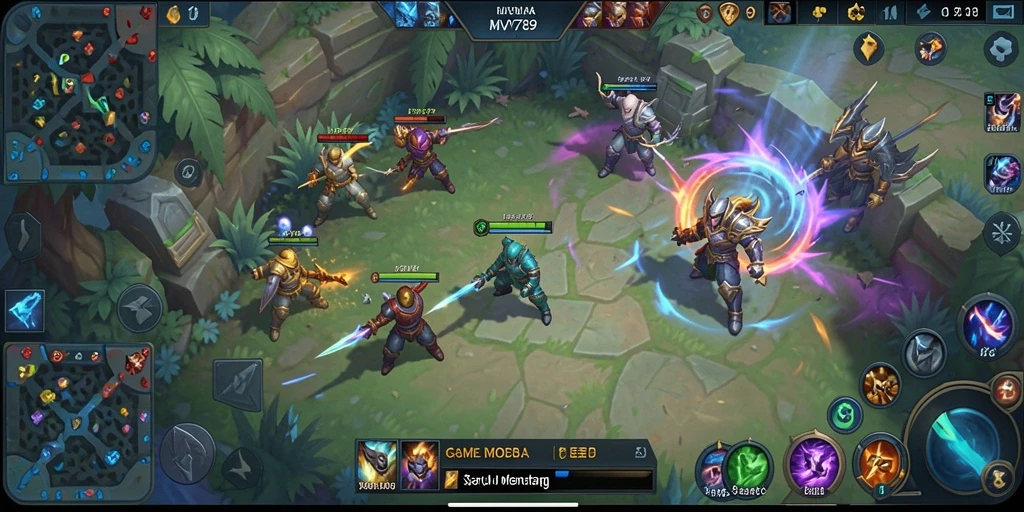Screenshot gameplay MOBA menampilkan aksi pertempuran tim yang seru.