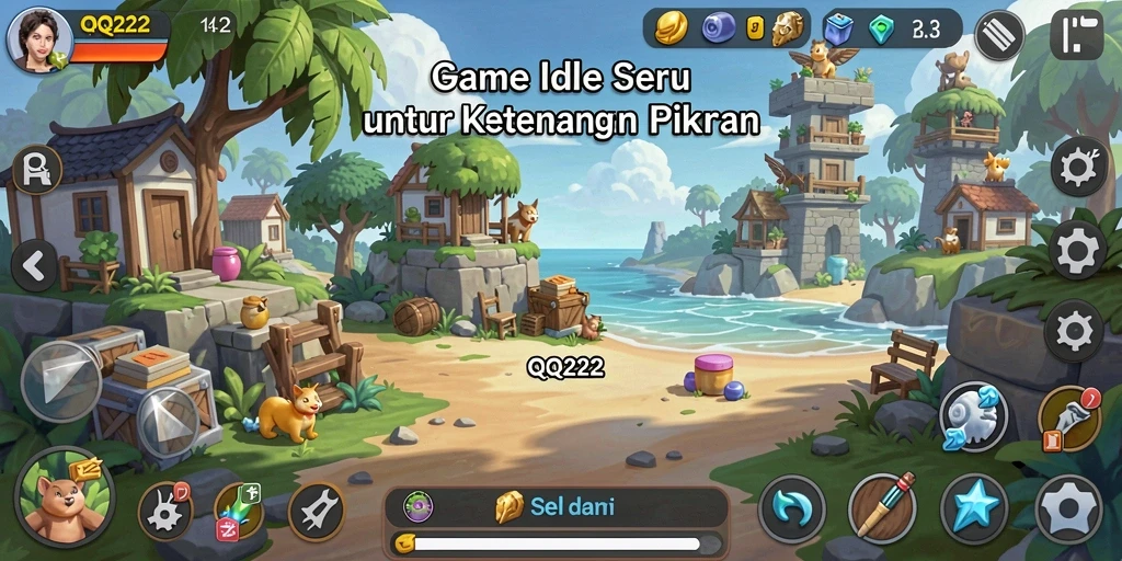Screenshot utama QQ222 menampilkan gameplay santai dengan kemajuan karakter yang menarik.